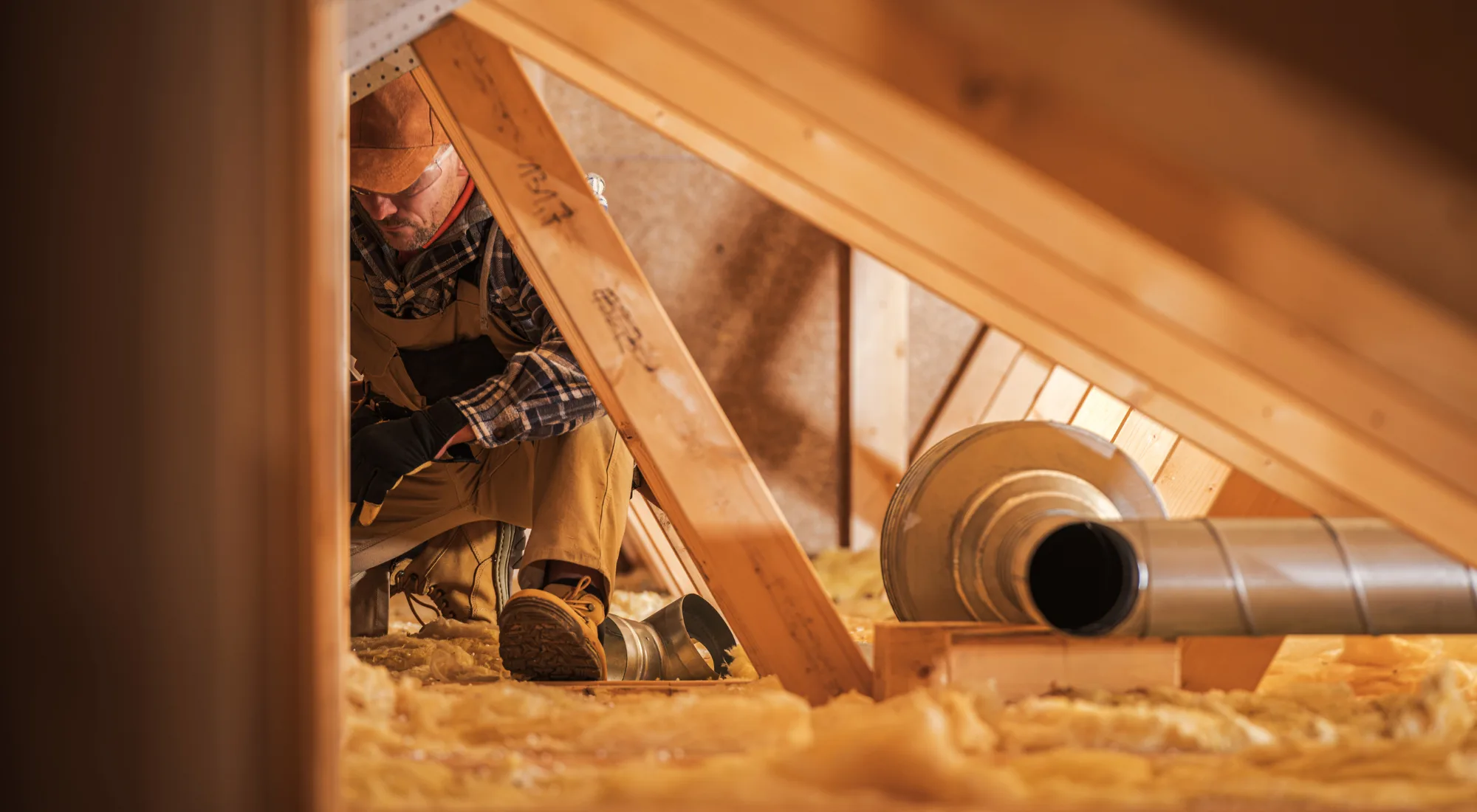 Pest technician checking for attic remediation of the house.